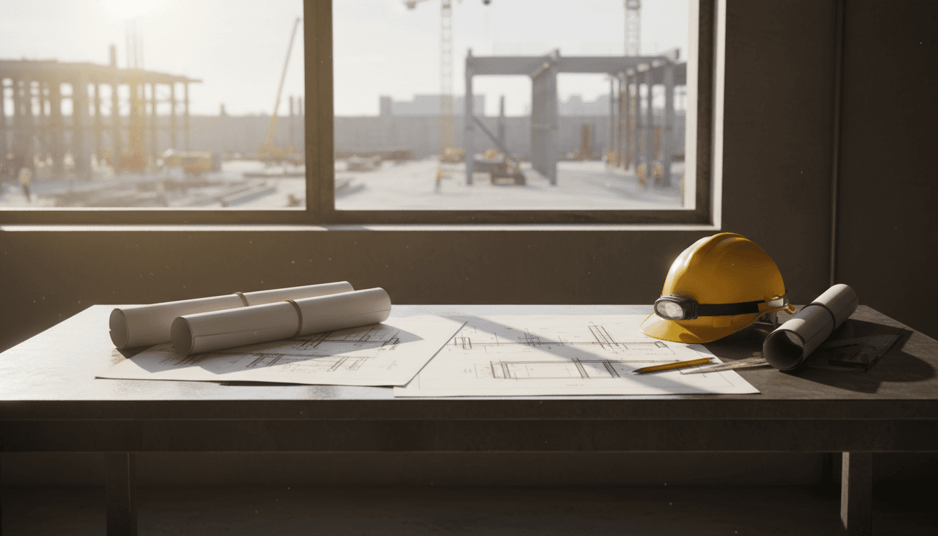 Blueprints and safety helmet on a steel worktable with a construction site behind