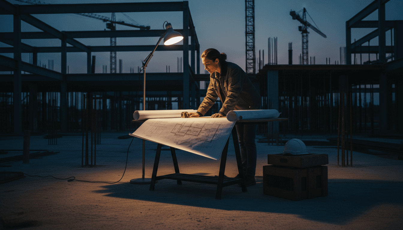 Engineer reviewing technical drawings on a construction site