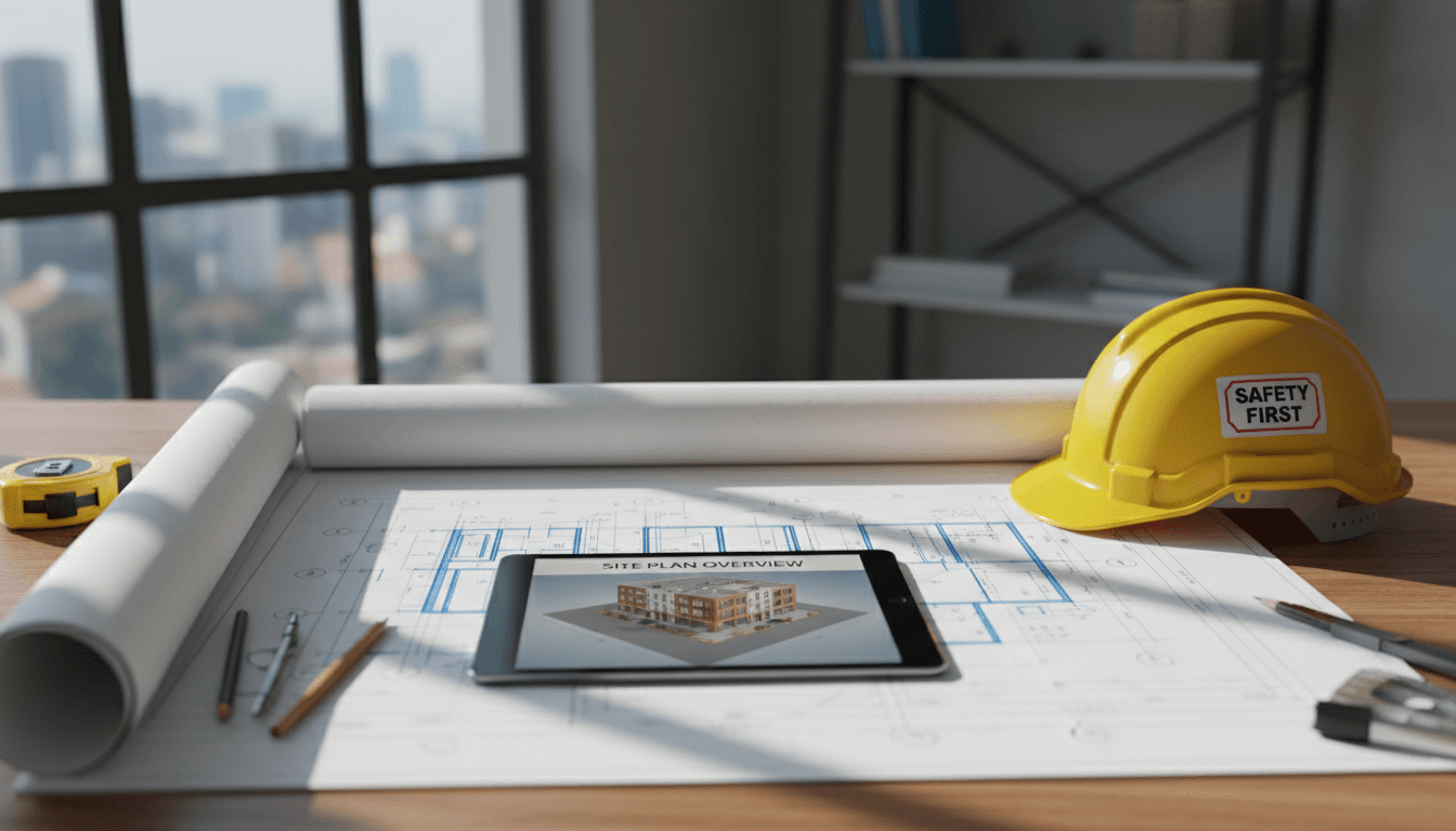 Construction site plans and a digital tablet on a desk with a hard hat nearby