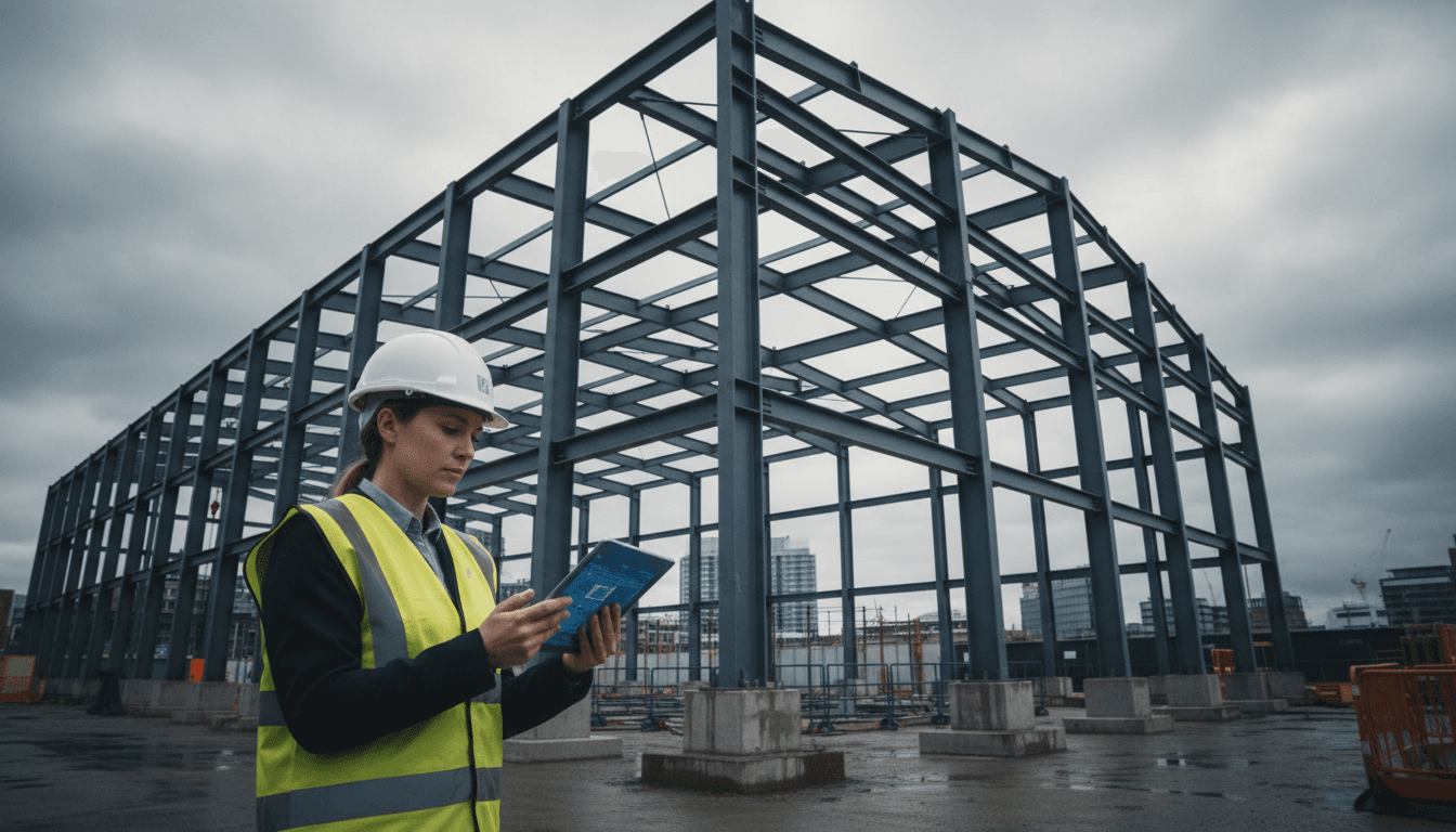 Engineer reviewing plans on a construction site in London with steel framework in the background