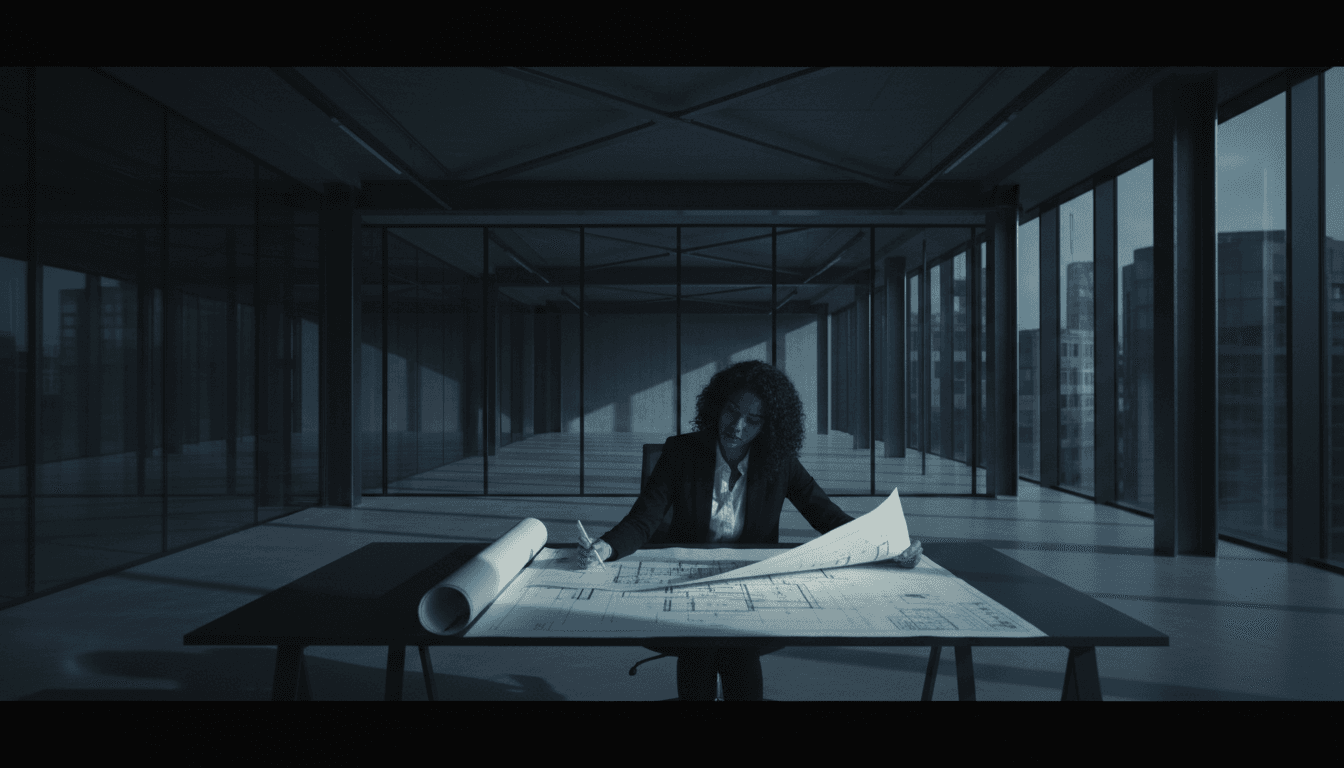 Engineer reviewing blueprints in a dark modern London office